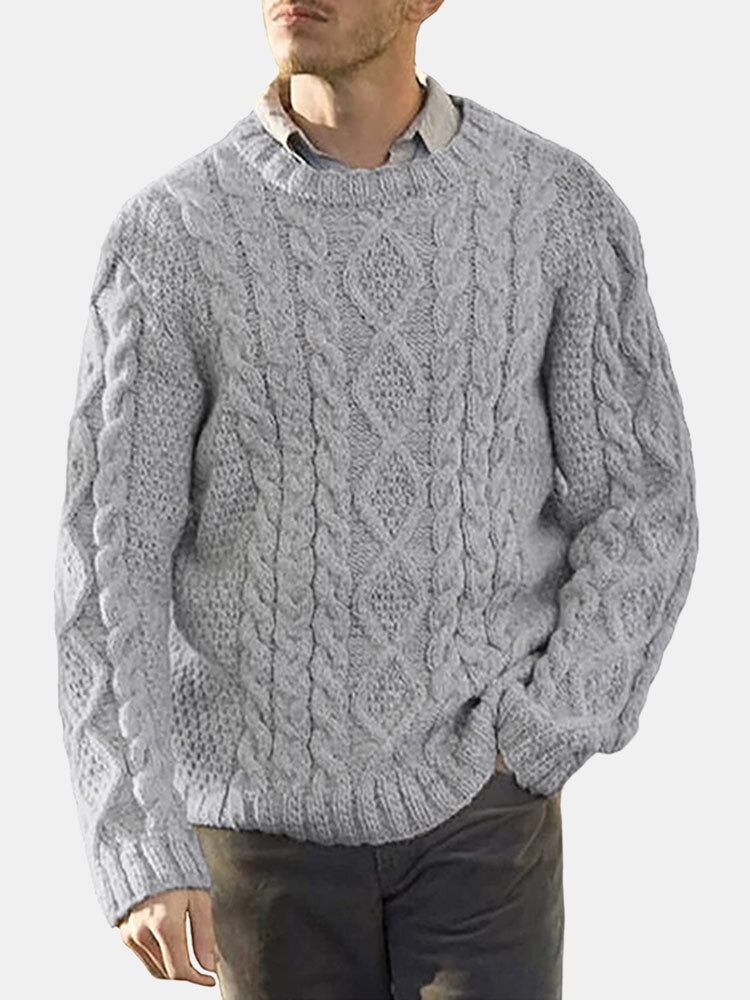 Mænd Solid Cable Strik Rundhals Casual Pullover Sweatere