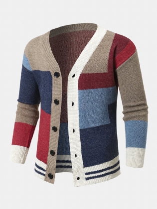 Mænd Strikket Patchwork Farve Blok Knap V-udskæring Casual Sweatere
