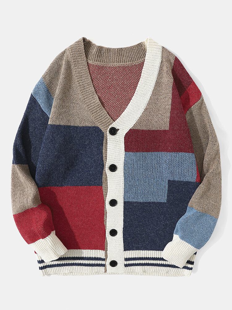 Mænd Strikket Patchwork Farve Blok Knap V-udskæring Casual Sweatere