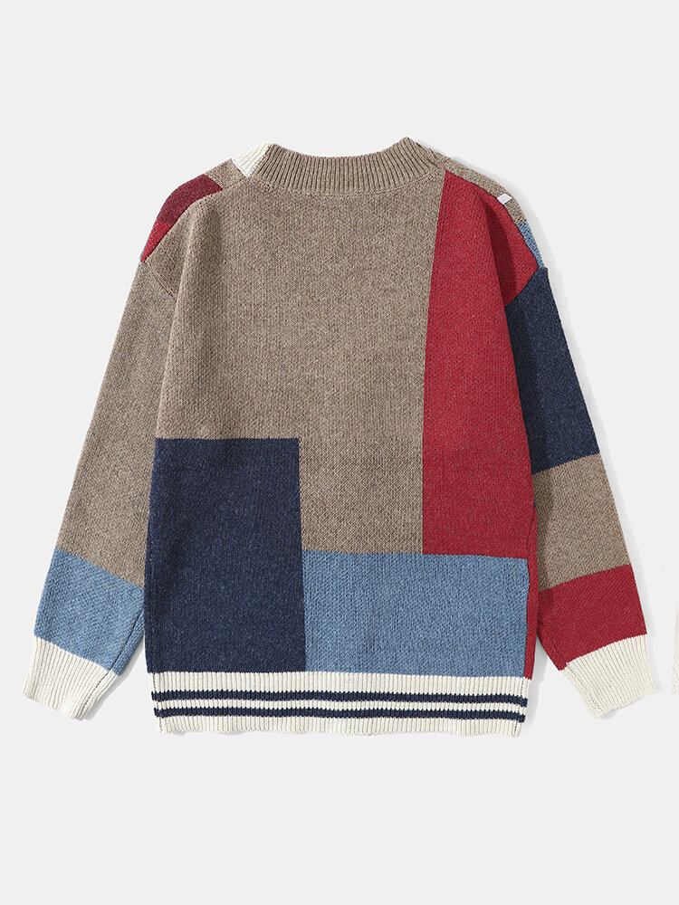 Mænd Strikket Patchwork Farve Blok Knap V-udskæring Casual Sweatere