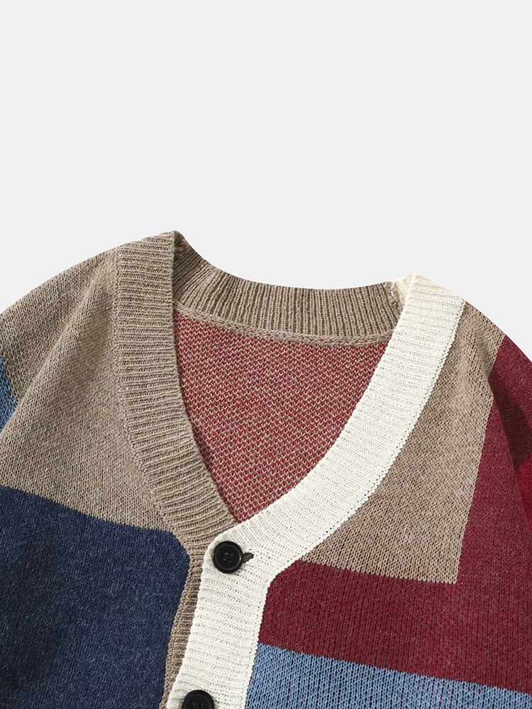 Mænd Strikket Patchwork Farve Blok Knap V-udskæring Casual Sweatere