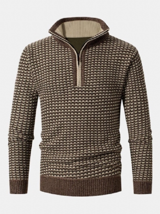 Mænd Vintage Strikket Standkrave Kontrastfarve Plus Velvets Halv Lynlås Sweatertrøjer