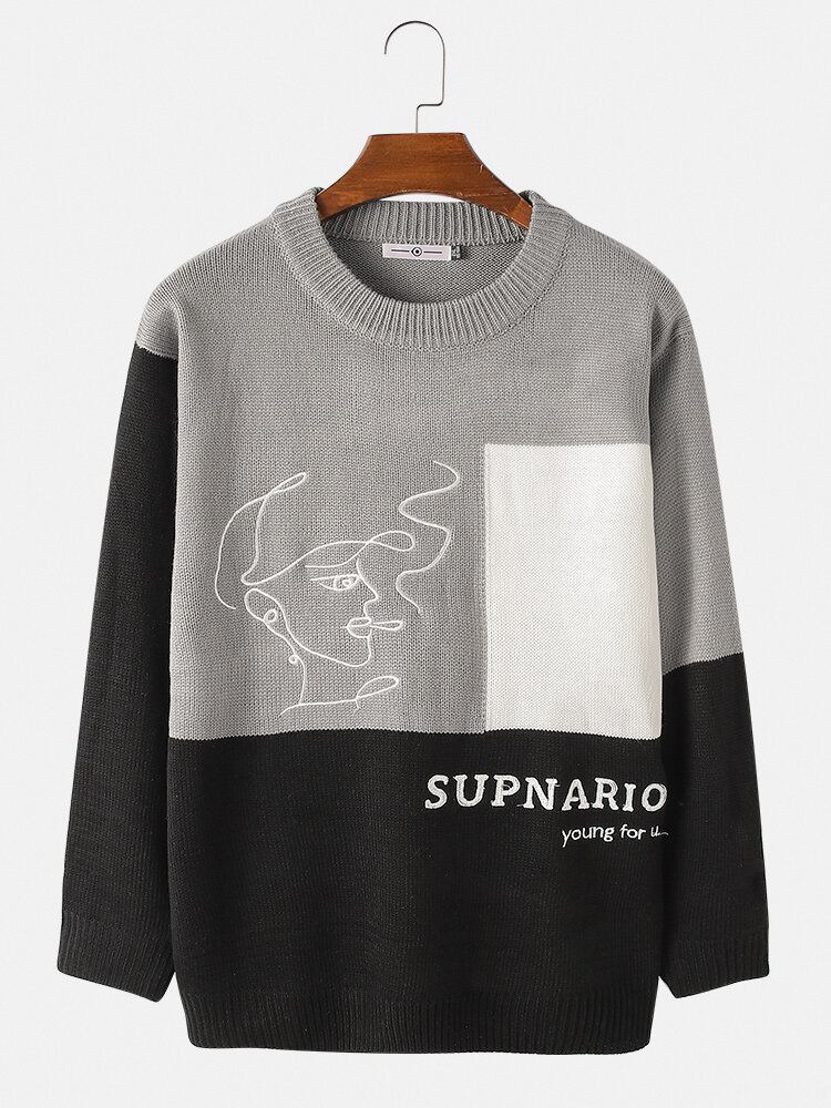 Mænds Kontrastfarve Abstrakt Figurtryk Med Rund Hals Afslappet Sweater