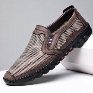 Mænd Koskind Åndbar Mesh Udhult Blød Bund Slip On Flade Casual Sko