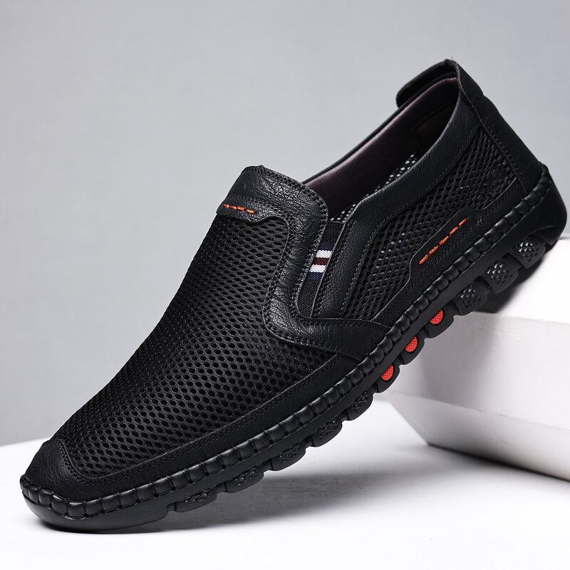 Mænd Koskind Åndbar Mesh Udhult Blød Bund Slip On Flade Casual Sko