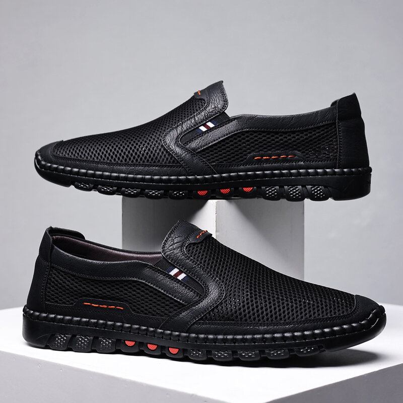 Mænd Koskind Åndbar Mesh Udhult Blød Bund Slip On Flade Casual Sko