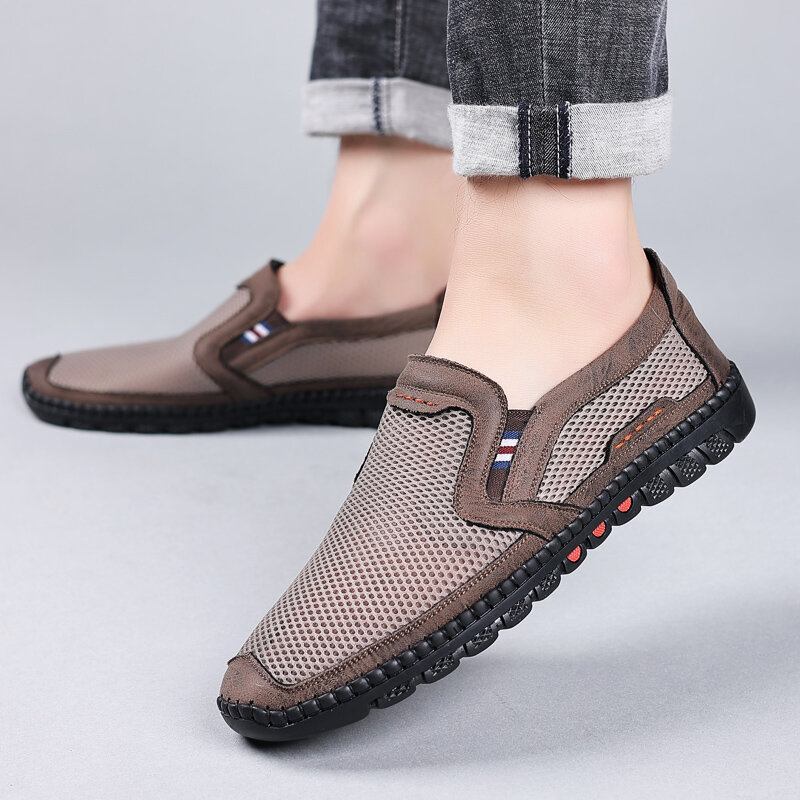 Mænd Koskind Åndbar Mesh Udhult Blød Bund Slip On Flade Casual Sko