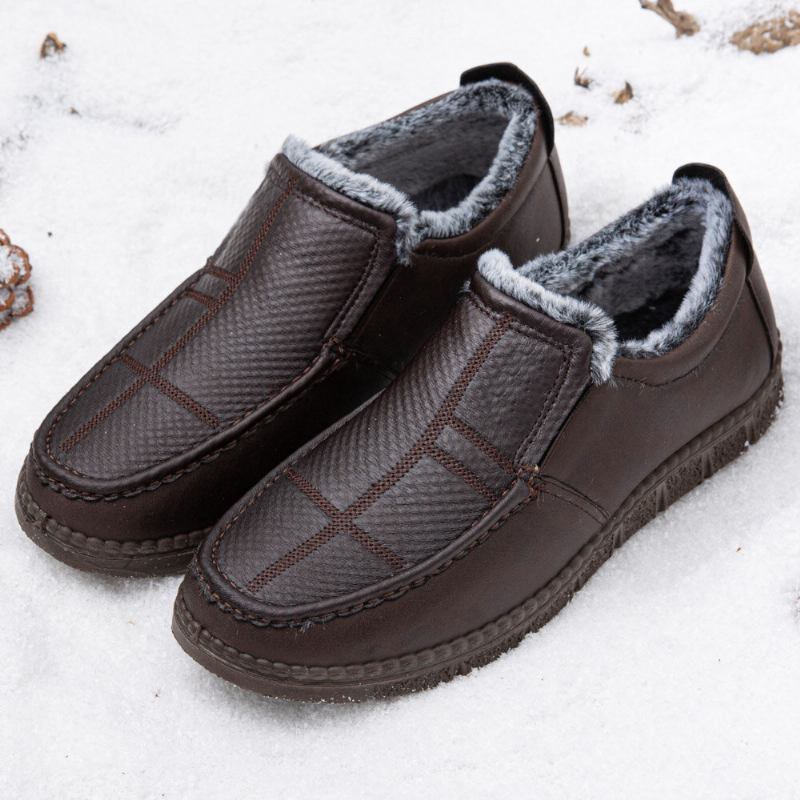 Mænd Læder Skridsikker Varmforet Blød Sål Solid Comfy Slip On Outdoor Casual Snesko