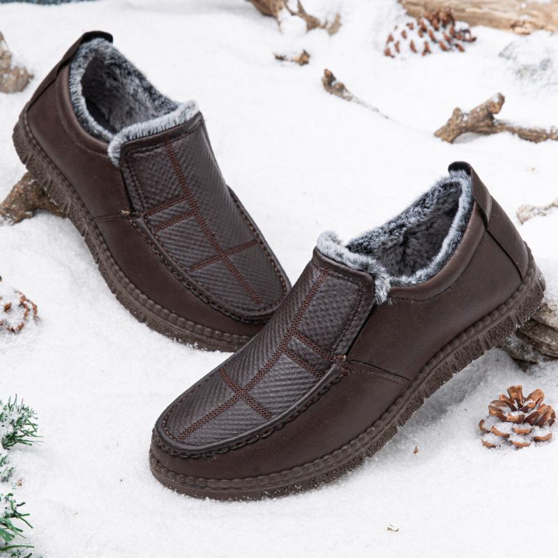 Mænd Læder Skridsikker Varmforet Blød Sål Solid Comfy Slip On Outdoor Casual Snesko