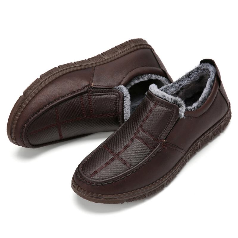 Mænd Læder Skridsikker Varmforet Blød Sål Solid Comfy Slip On Outdoor Casual Snesko