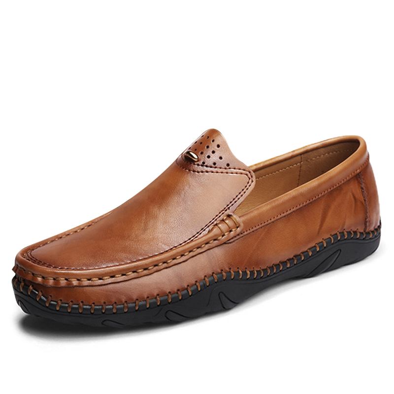 Mænd Retro Ægte Læder Slip On Stitching Business Arbejder Casual Driving Loafers Sko