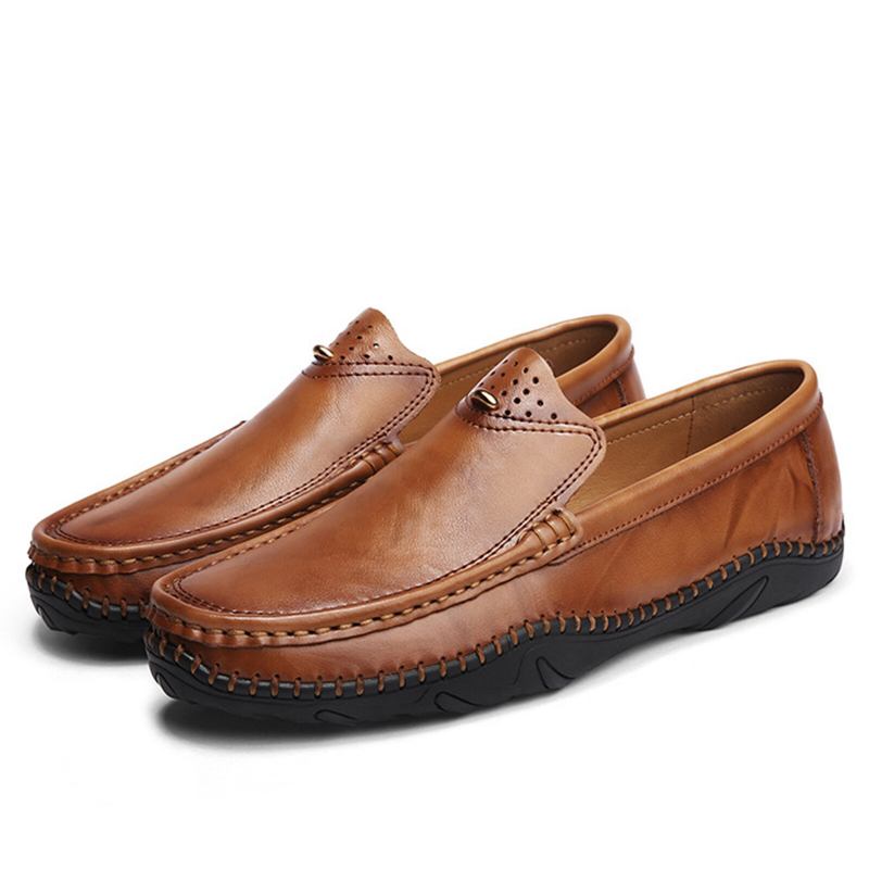 Mænd Retro Ægte Læder Slip On Stitching Business Arbejder Casual Driving Loafers Sko