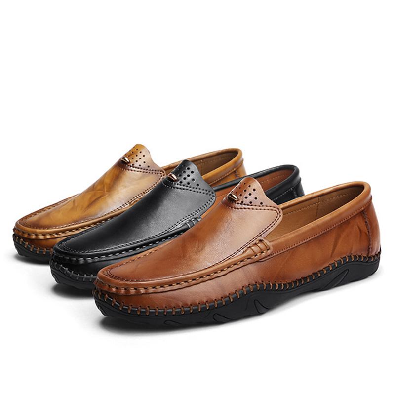 Mænd Retro Ægte Læder Slip On Stitching Business Arbejder Casual Driving Loafers Sko