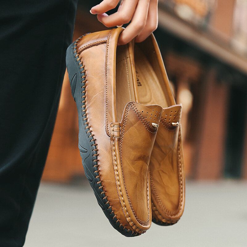 Mænd Retro Ægte Læder Slip On Stitching Business Arbejder Casual Driving Loafers Sko