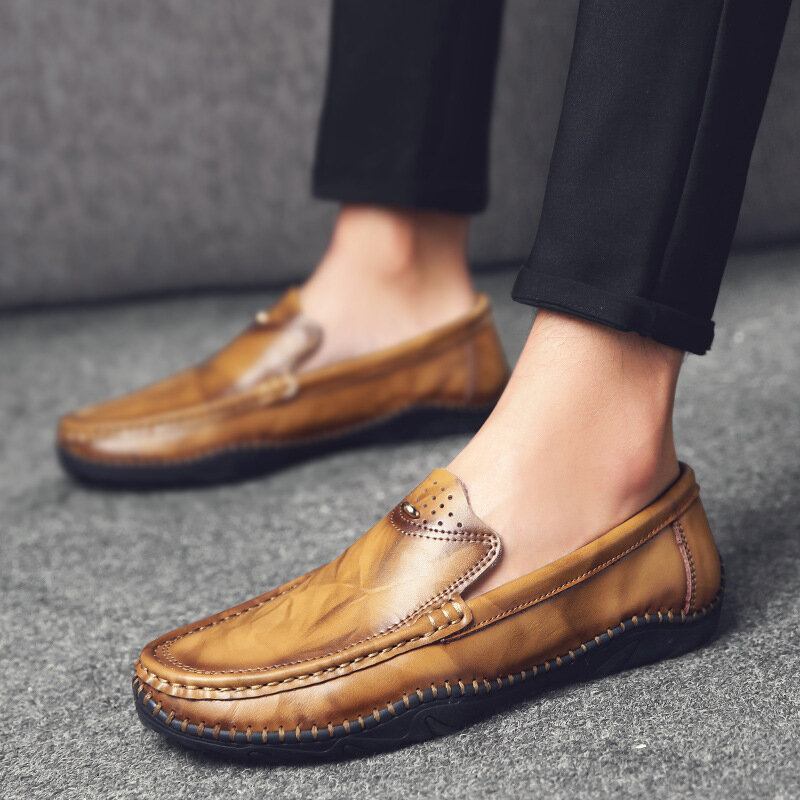 Mænd Retro Ægte Læder Slip On Stitching Business Arbejder Casual Driving Loafers Sko