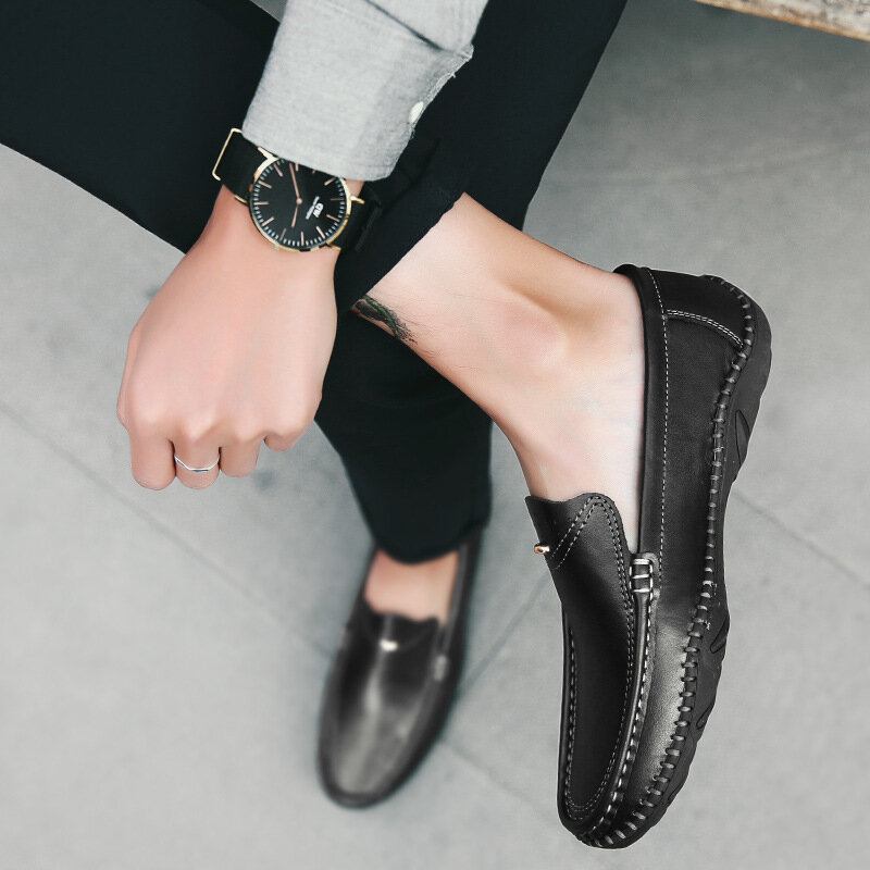 Mænd Retro Ægte Læder Slip On Stitching Business Arbejder Casual Driving Loafers Sko