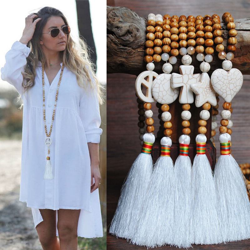 Bohemian White Tassel Halskæde Etnisk Geometrisk Hjerte Star Cross Pendant Lang Halskæde