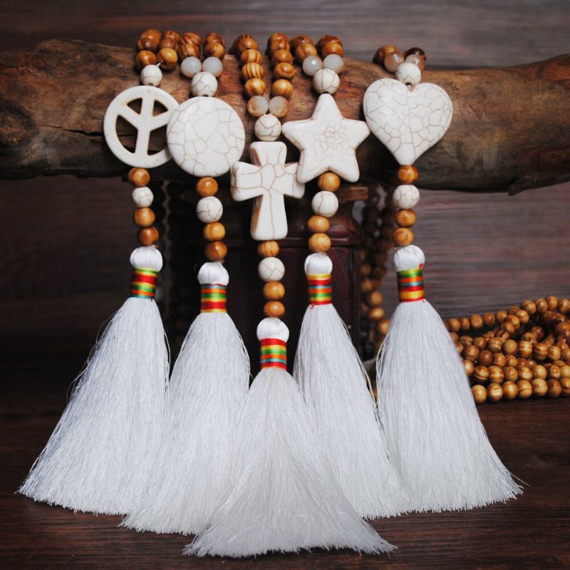 Bohemian White Tassel Halskæde Etnisk Geometrisk Hjerte Star Cross Pendant Lang Halskæde