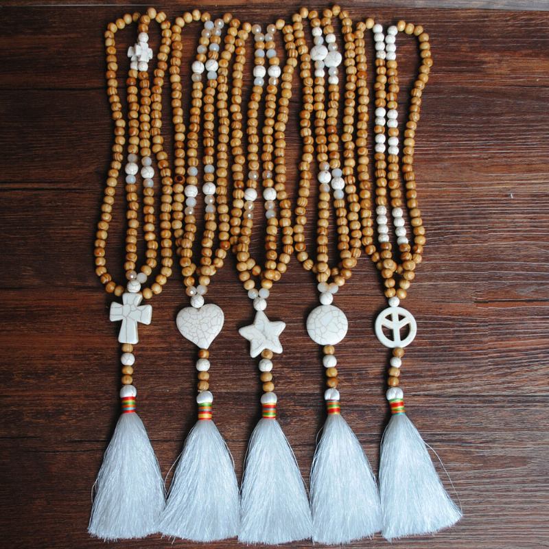 Bohemian White Tassel Halskæde Etnisk Geometrisk Hjerte Star Cross Pendant Lang Halskæde