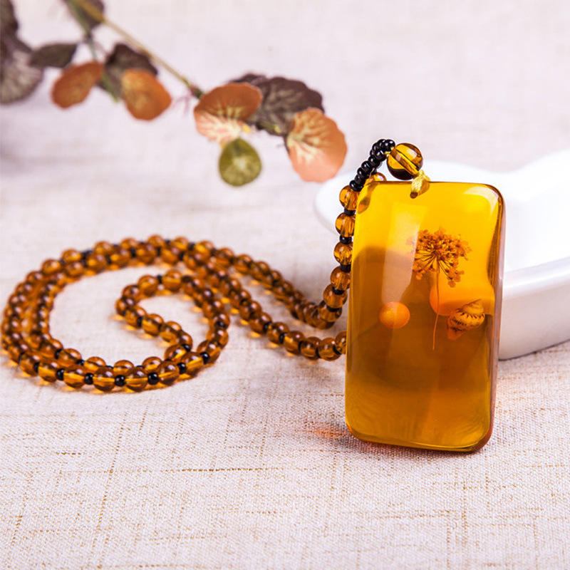 Unisex Harpiks Amber Flower Drop Pendant Vintage Geometry Beads Dame Halskæde Kæde