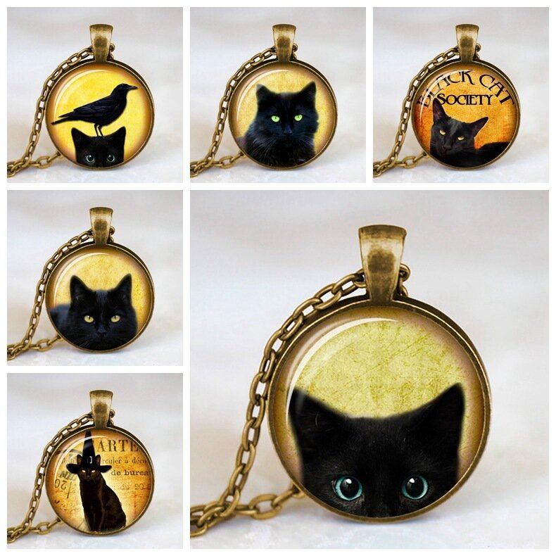 Vintage Metal Glas Cute Cat Halskæde Geometrisk Rund Dyretrykt Perle Pendant Halskæde