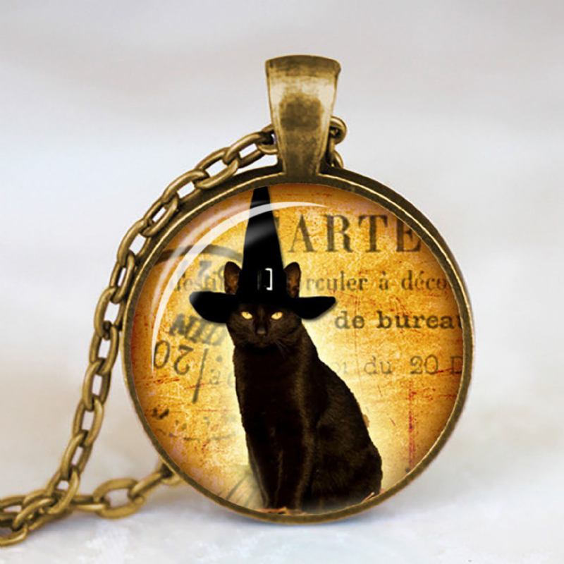 Vintage Metal Glas Cute Cat Halskæde Geometrisk Rund Dyretrykt Perle Pendant Halskæde