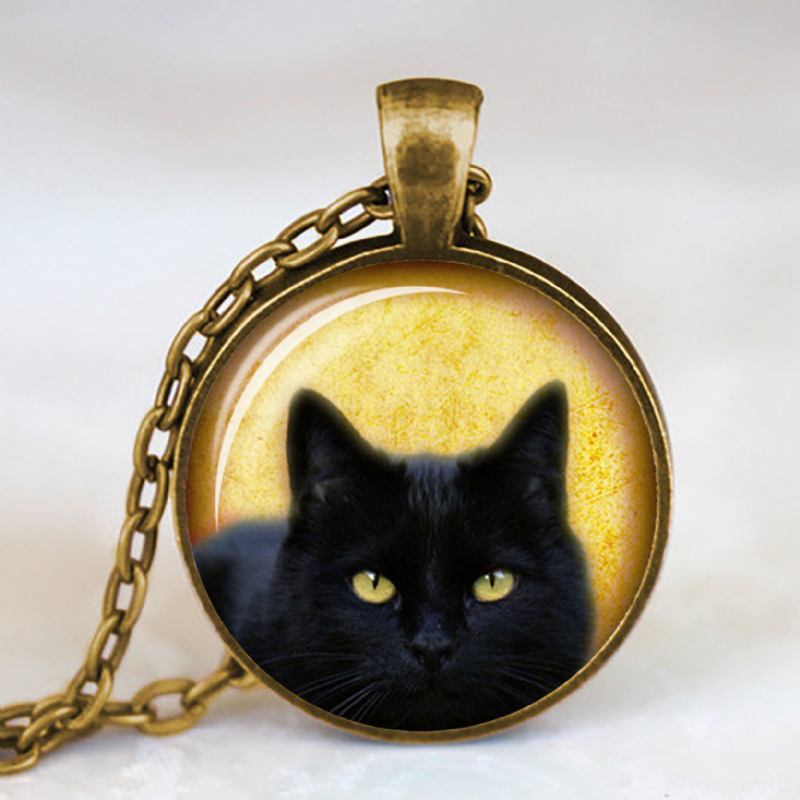 Vintage Metal Glas Cute Cat Halskæde Geometrisk Rund Dyretrykt Perle Pendant Halskæde