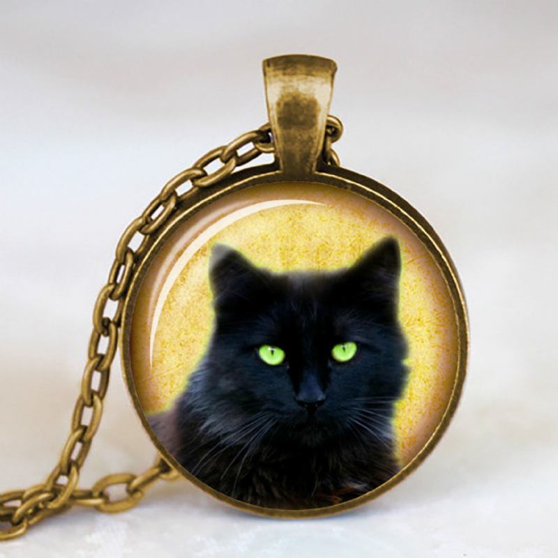 Vintage Metal Glas Cute Cat Halskæde Geometrisk Rund Dyretrykt Perle Pendant Halskæde