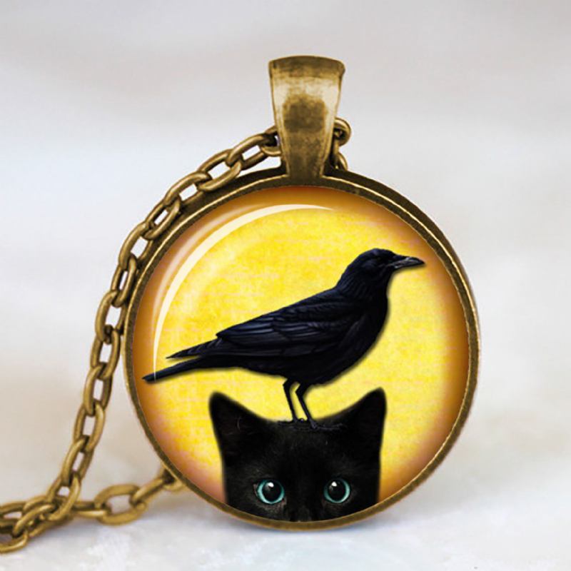 Vintage Metal Glas Cute Cat Halskæde Geometrisk Rund Dyretrykt Perle Pendant Halskæde