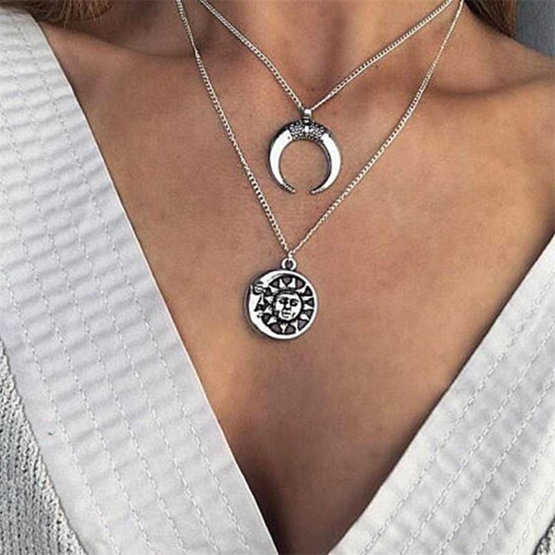 Vintage Sun Moon Pendant Halskæde Charm Chain Flerlags Halskæde Smykker Til Kvinder