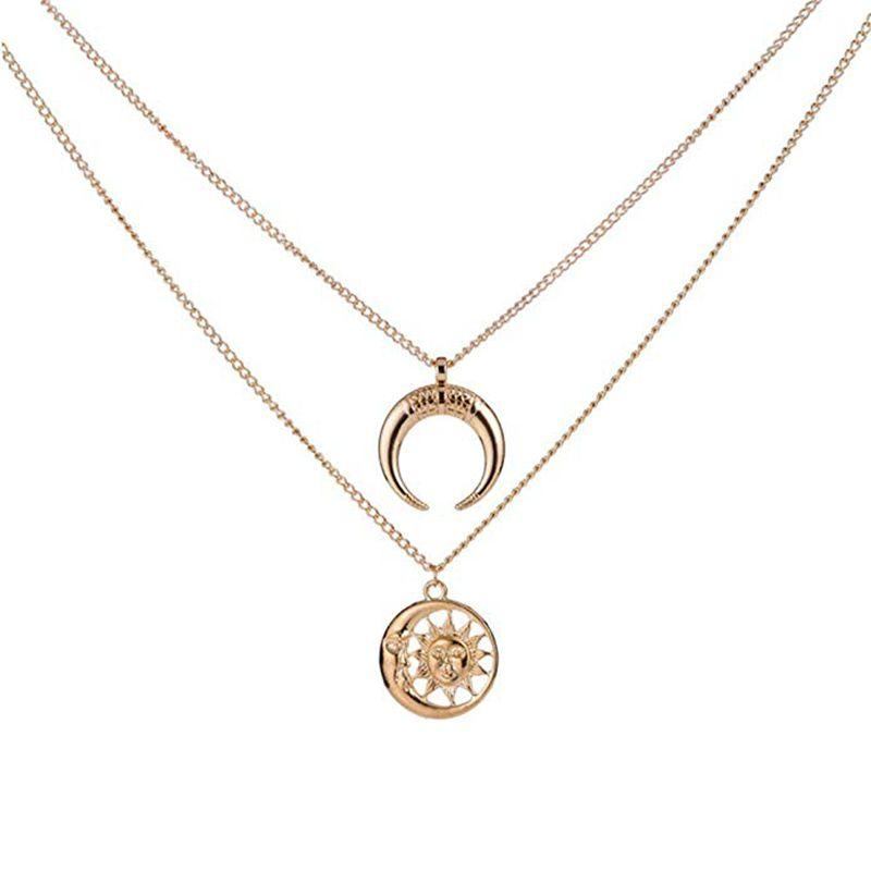 Vintage Sun Moon Pendant Halskæde Charm Chain Flerlags Halskæde Smykker Til Kvinder