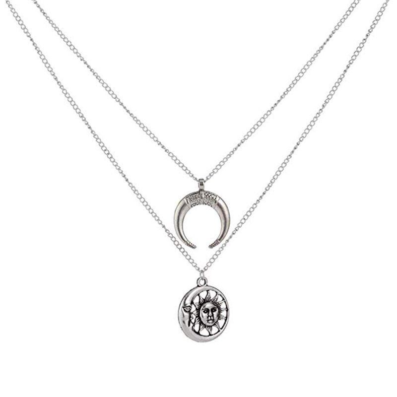 Vintage Sun Moon Pendant Halskæde Charm Chain Flerlags Halskæde Smykker Til Kvinder