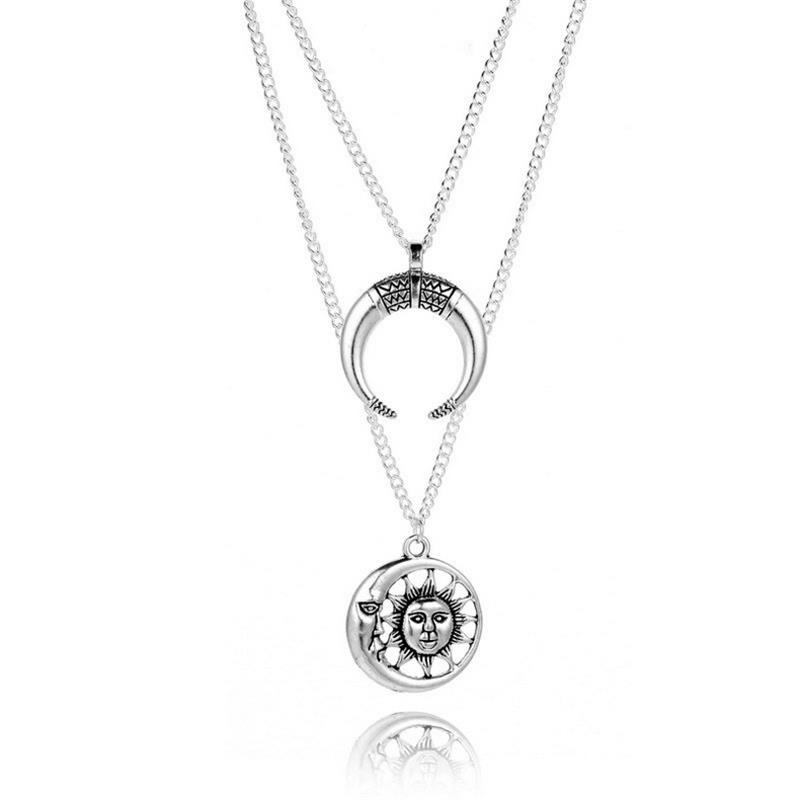 Vintage Sun Moon Pendant Halskæde Charm Chain Flerlags Halskæde Smykker Til Kvinder