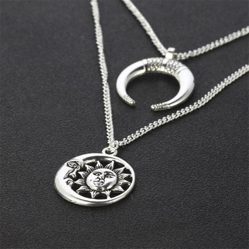 Vintage Sun Moon Pendant Halskæde Charm Chain Flerlags Halskæde Smykker Til Kvinder