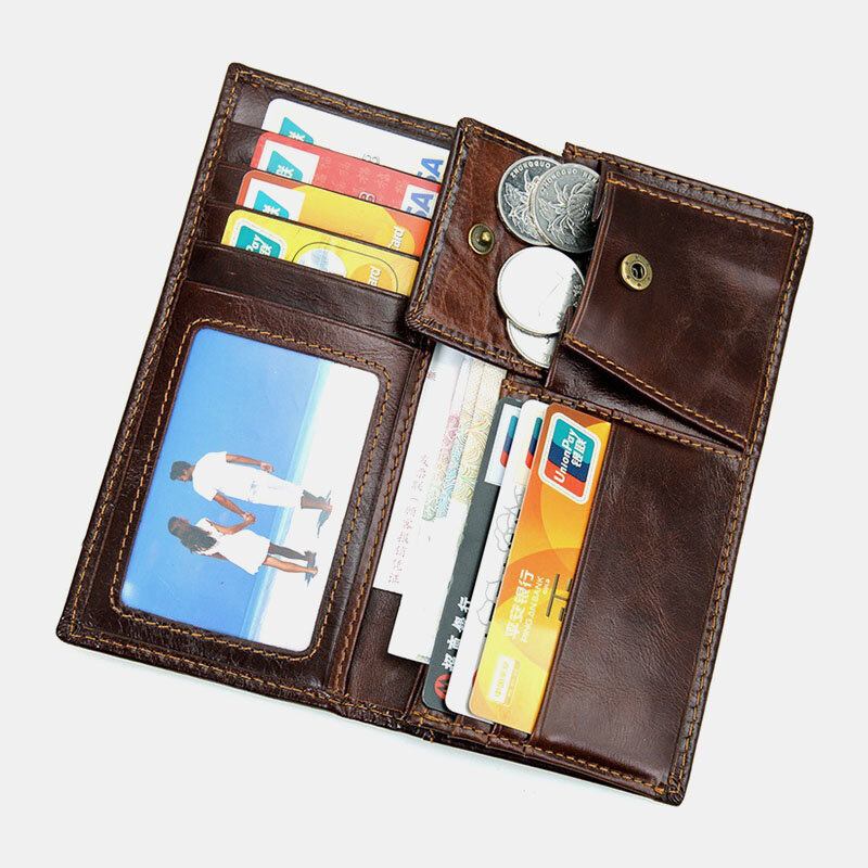 Ekphero Mænd Ægte Læder Lang Bifold Rfid Anti-magnetisk Tegnebog Multi-card Slot Card Case