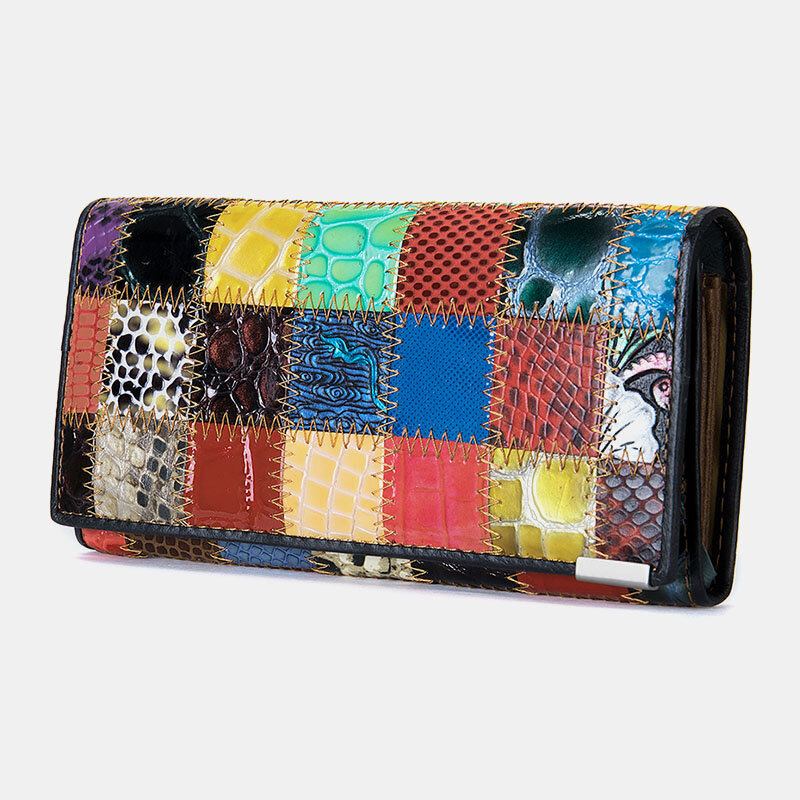 Kvinder Ægte Læder Bifold Farvet Geometrisk Mønster Multi-card Slot Card Case Pengeclips Møntpung Lange Clutch Tegnebøger