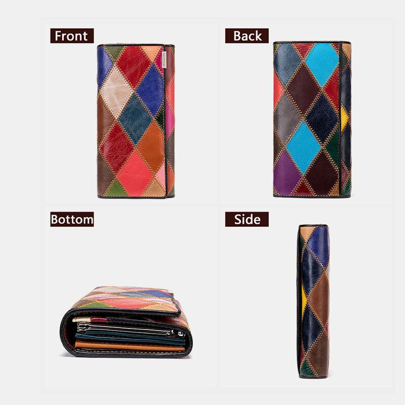 Kvinder Ægte Læder Bifold Farvet Geometrisk Mønster Multi-card Slot Card Case Pengeclips Møntpung Lange Clutch Tegnebøger