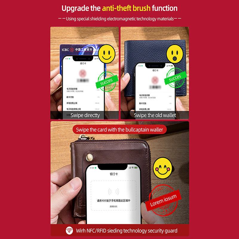 Mænd Ægte Læder Multifunktion Bifold Lynlås Tegnebøger Rfid Anti-magnetisk Multi-kort Slot Kortholder Møntpung