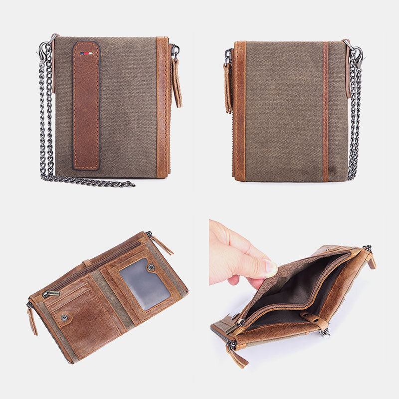 Mænd Kohud Oil Wax Canvas Patchwork Rfid Anti-magnetisk Kortetui Bifold Kort Dobbelt Lynlås Møntpung Pung