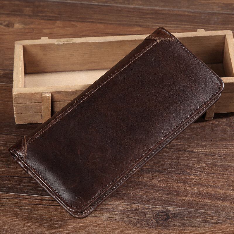 Mænd Retro Lang Bifold Ægte Læder Pung Casual 12 Card Slot Kortholder Pengeclips Clutch Taske