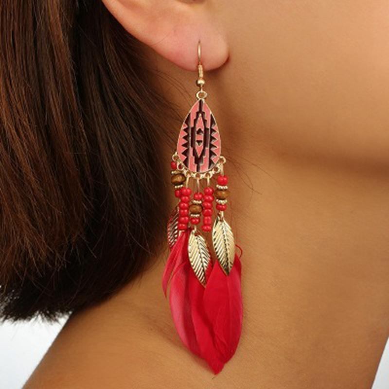 Bohemian Feather Drop Øreringe Lang Stil Kvaster Ørering Retro Dame Ear Drop