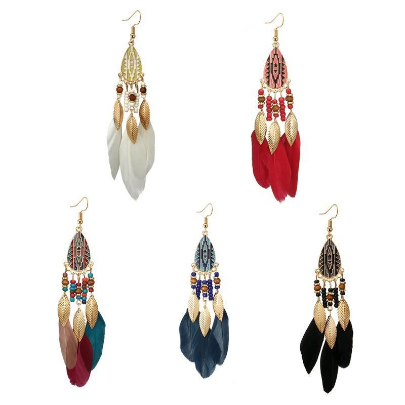 Bohemian Feather Drop Øreringe Lang Stil Kvaster Ørering Retro Dame Ear Drop