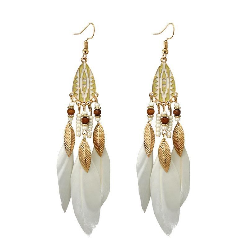 Bohemian Feather Drop Øreringe Lang Stil Kvaster Ørering Retro Dame Ear Drop