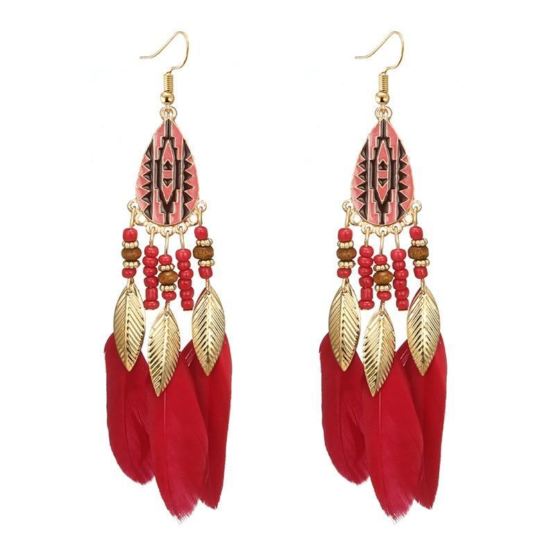 Bohemian Feather Drop Øreringe Lang Stil Kvaster Ørering Retro Dame Ear Drop