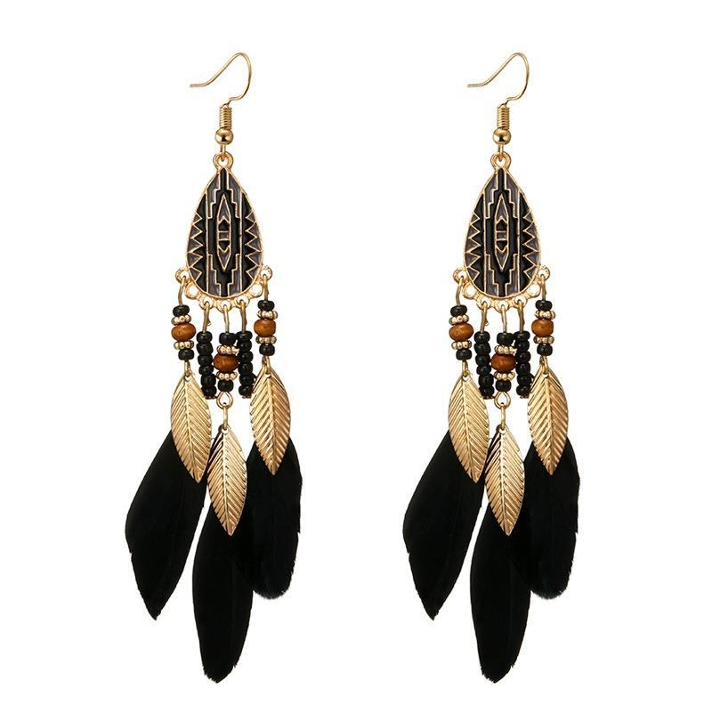 Bohemian Feather Drop Øreringe Lang Stil Kvaster Ørering Retro Dame Ear Drop