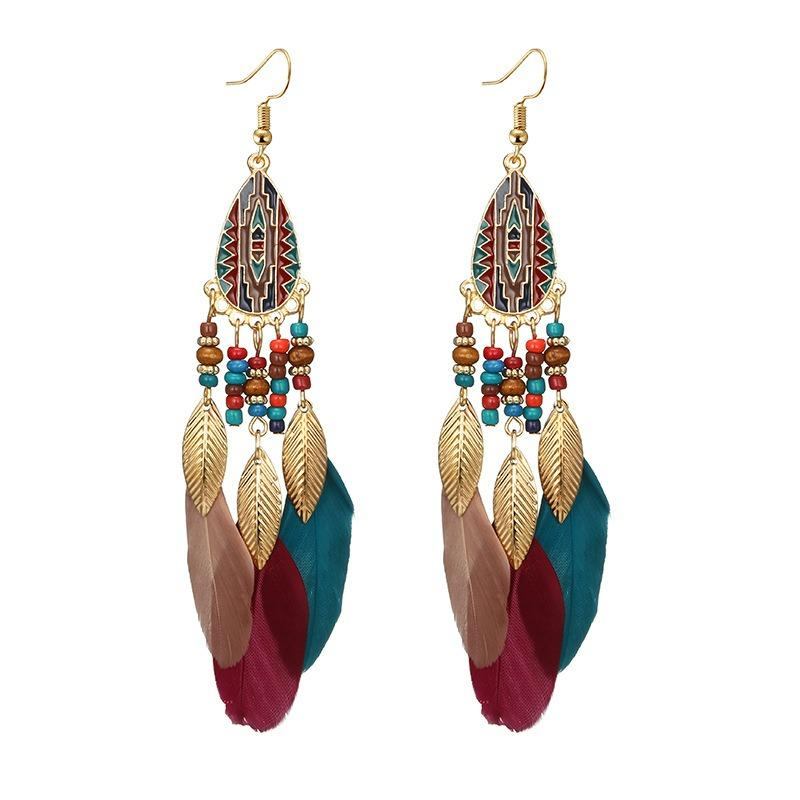 Bohemian Feather Drop Øreringe Lang Stil Kvaster Ørering Retro Dame Ear Drop