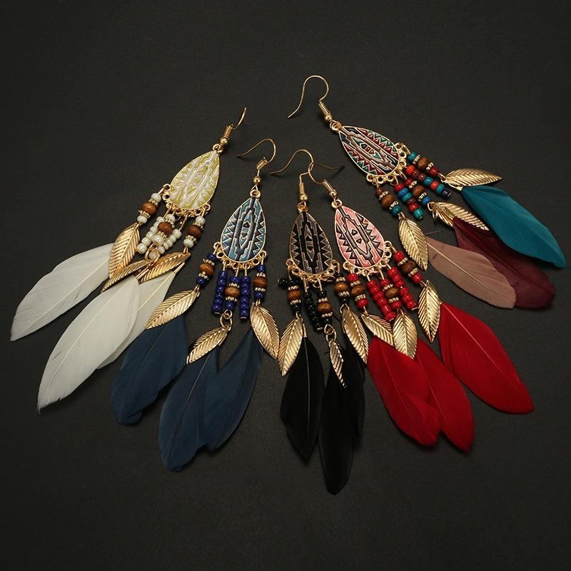 Bohemian Feather Drop Øreringe Lang Stil Kvaster Ørering Retro Dame Ear Drop