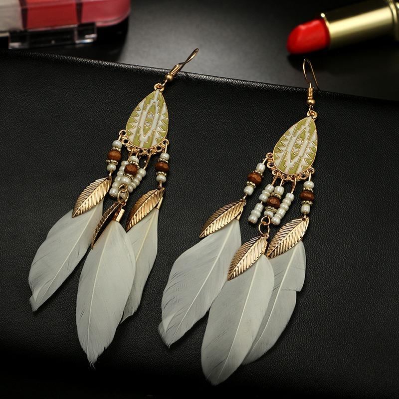 Bohemian Feather Drop Øreringe Lang Stil Kvaster Ørering Retro Dame Ear Drop