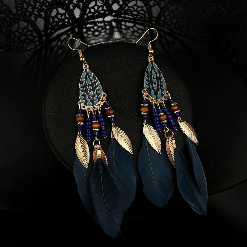 Bohemian Feather Drop Øreringe Lang Stil Kvaster Ørering Retro Dame Ear Drop