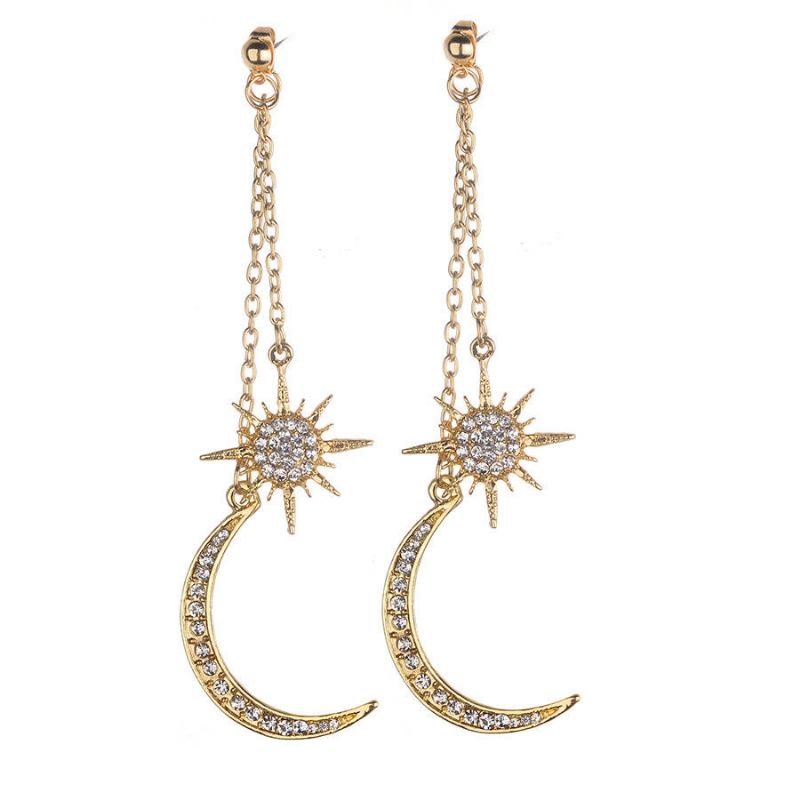 Bohemian Style Fuld Rhinestone Øreringe Shiny Moon Star Lang Øredråbe Ørering Til Kvinder